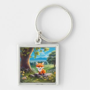 Adorable Fox Sitting Under Tree Key Ring