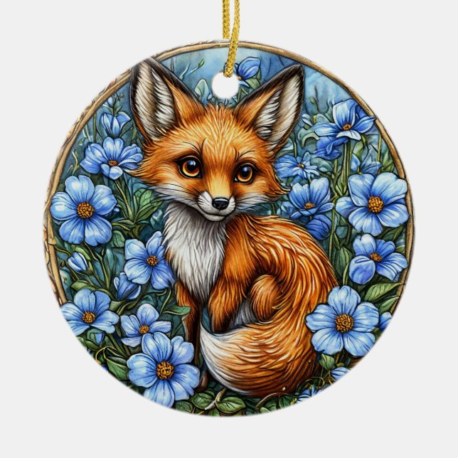 Adorable Fox Surrounded by Vibrant Blue Flowers Ceramic Tree Decoration (Front)