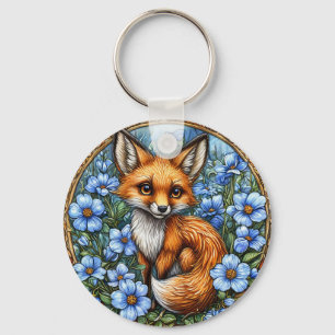 Adorable Fox Surrounded by Vibrant Blue Flowers Key Ring