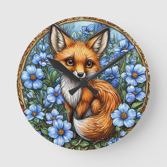 Adorable Fox Surrounded by Vibrant Blue Flowers Round Clock (Front)