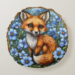 Adorable Fox Surrounded by Vibrant Blue Flowers Round Cushion
