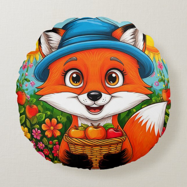 Adorable Fox With Basket of Apples Round Cushion (Front)