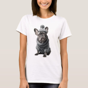 Adorable French Bulldog in Knitted Winter T-Shirt