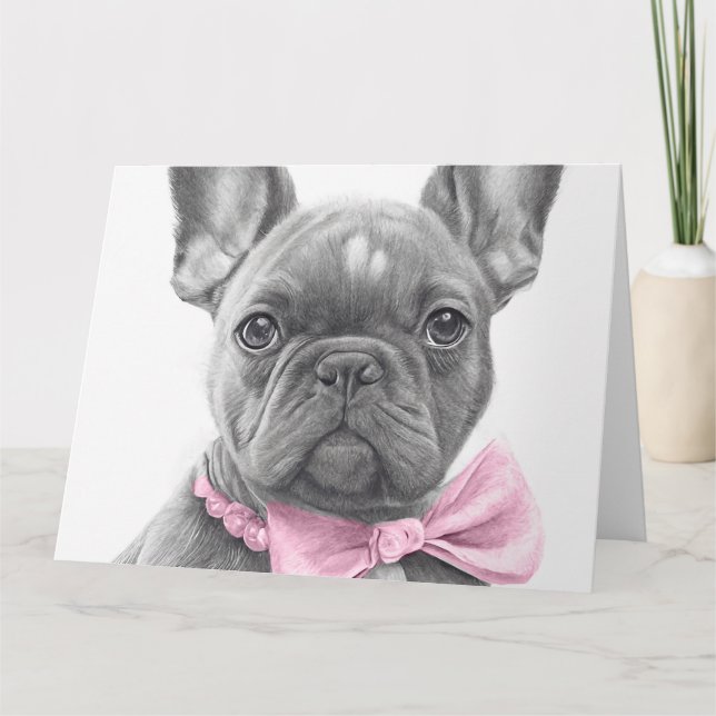 Adorable french bulldog puppy with a pink bow card (Front)