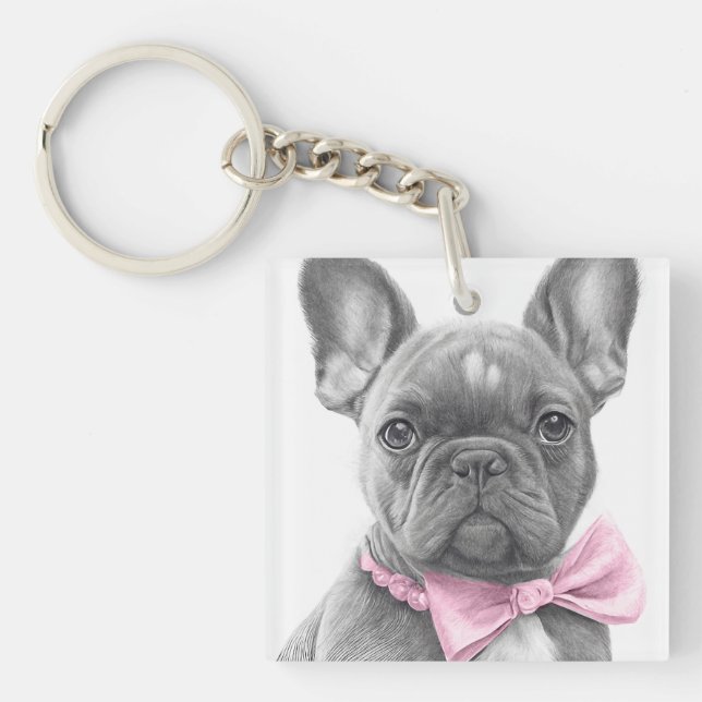 Adorable french bulldog puppy with a pink bow key ring (Front)