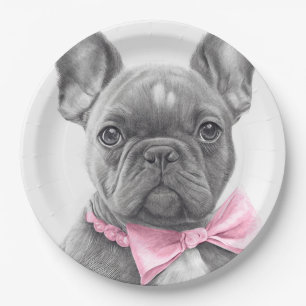 Adorable french bulldog puppy with a pink bow paper plate