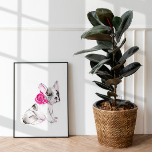 Adorable French Bulldog Puppy with Hot Pink Rose - Poster