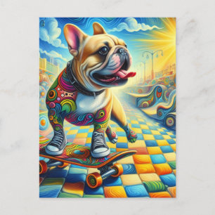 Adorable French Bulldog Skateboarding Colourful Postcard
