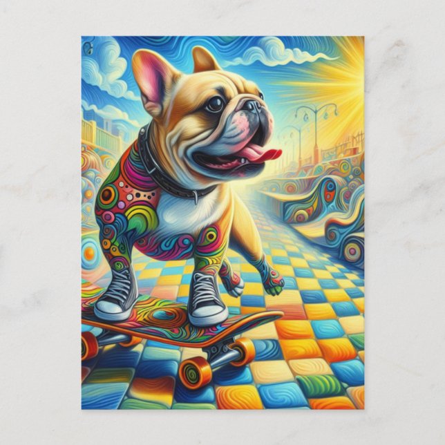 Adorable French Bulldog Skateboarding Colourful Postcard (Front)