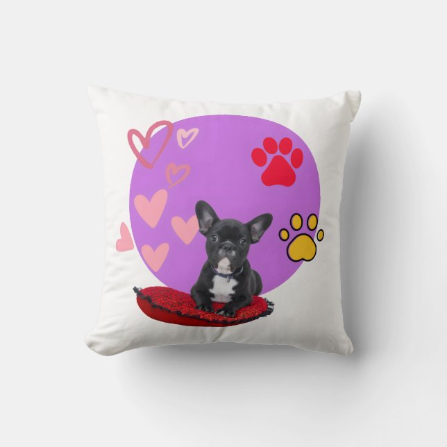 Adorable Frenchie Puppy with Hearts  Cushion (Front)