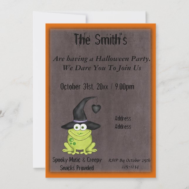 Adorable Frog in a Witches Hat Halloween Party Invitation (Front)
