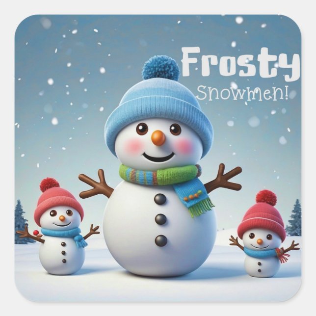 Adorable Frosty Snowmen in Cool Winter Snow  Square Sticker (Front)