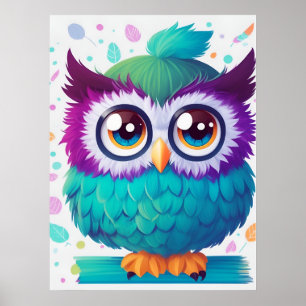Adorable Funny Colourful Comic Owl AI Art Poster