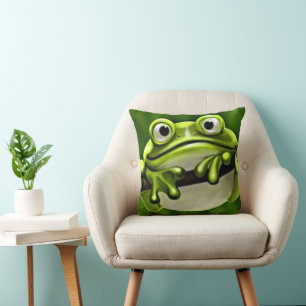Adorable Funny Cute Green Frog In Tree Cushion