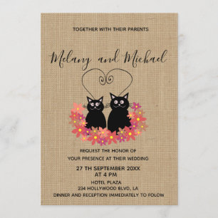 Adorable funny floral cartoon cats in love burlap invitation