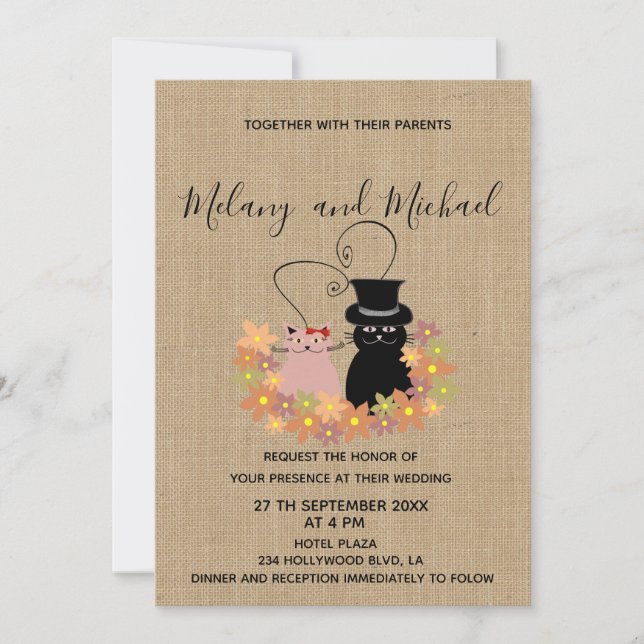 Adorable funny floral cartoon cats in love burlap invitation (Front)