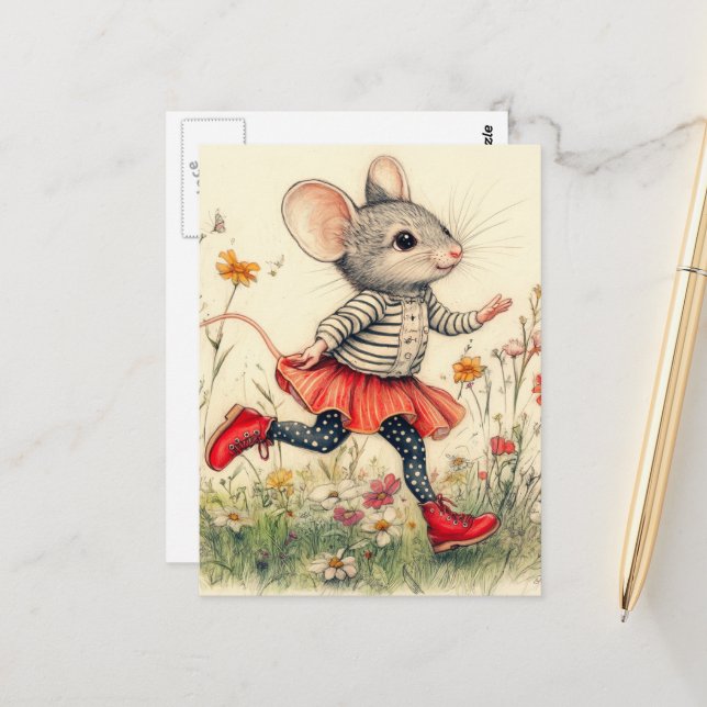 Adorable Funny Mouse Running in the Flowers Postcard (Front/Back In Situ)
