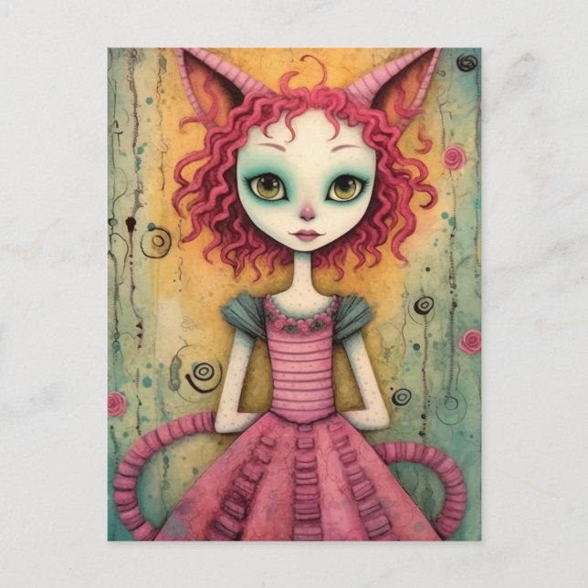 Adorable Furry Cat Lady Mixed Media Collage Postcard (Front)