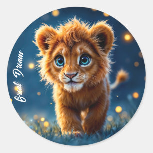 Adorable furry lion cub with sparkling eyes classic round sticker