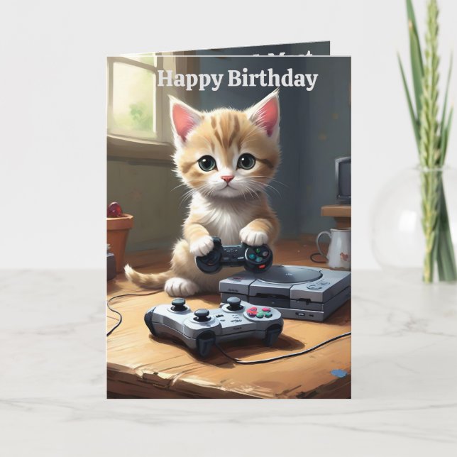 Adorable Gaming Kitten, Birthday Card (Front)