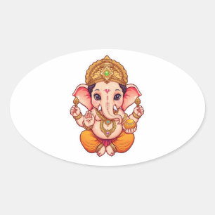 Adorable Ganpati Bappa – Chibi Style Ganesha with  Oval Sticker