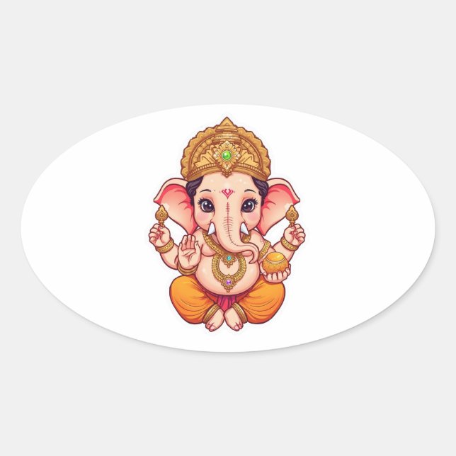 Adorable Ganpati Bappa – Chibi Style Ganesha with  Oval Sticker (Front)