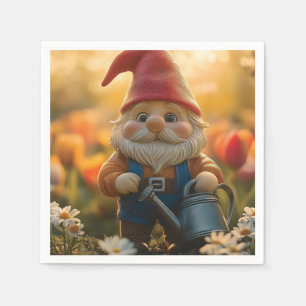 Adorable Garden Gnome with Watering Can Napkin