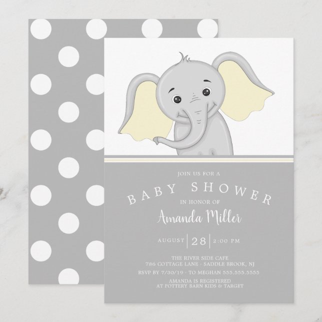 Adorable Gender Neutral Elephant Baby Shower Invitation (Front/Back)