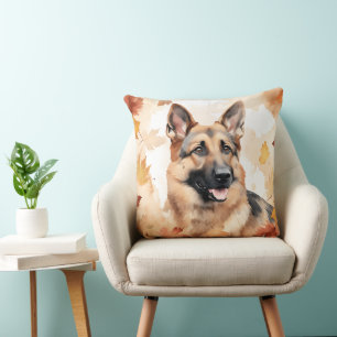 ADORABLE GERMAN SHEPHERD DOG WITH FALL LEAVES CUSHION