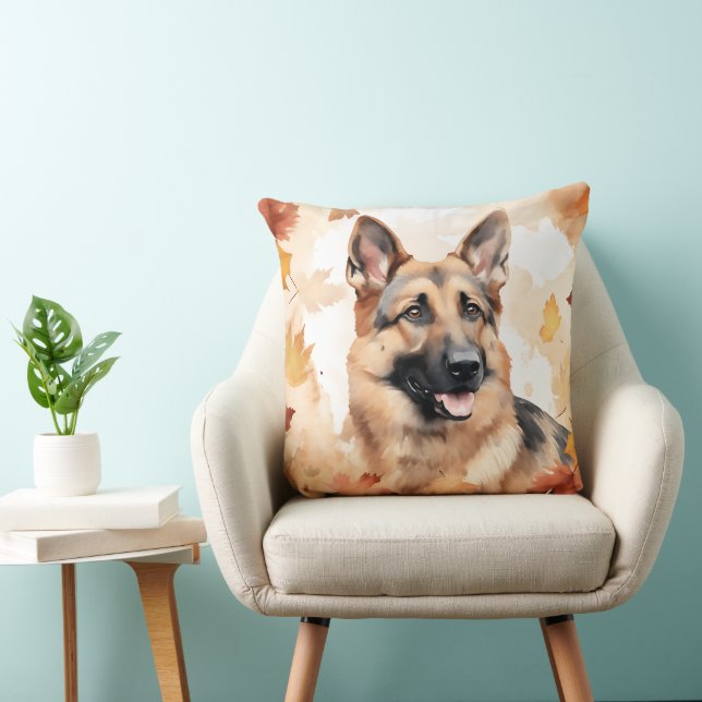 ADORABLE GERMAN SHEPHERD DOG WITH FALL LEAVES CUSHION (Chair)
