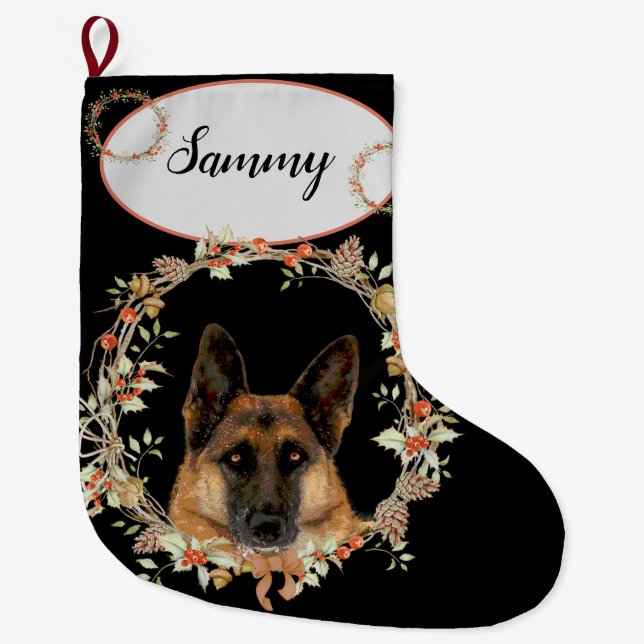 Adorable German Shepherd in Holiday Wreath Large Christmas Stocking (Front)