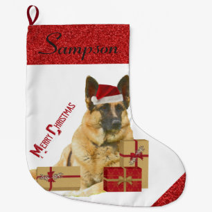 Adorable German Shepherd in Santa Hat Large Christmas Stocking