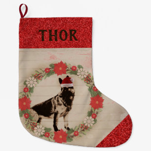 Adorable German Shepherd in Santa Hat Large Christmas Stocking