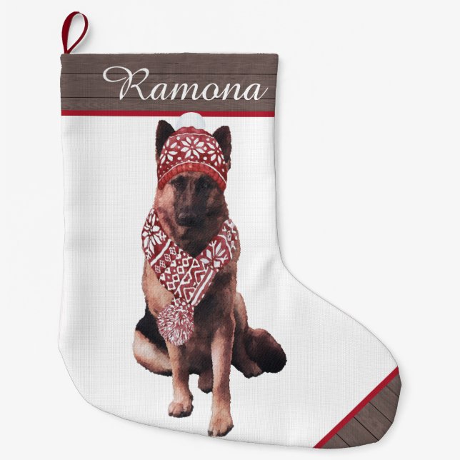 Adorable German Shepherd in Santa Hat Large Christmas Stocking (Front)