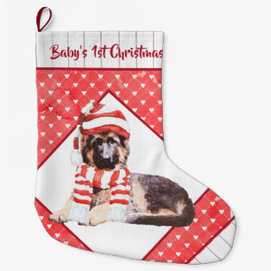 Adorable German Shepherd Puppy's First Christmas Large Christmas Stocking
