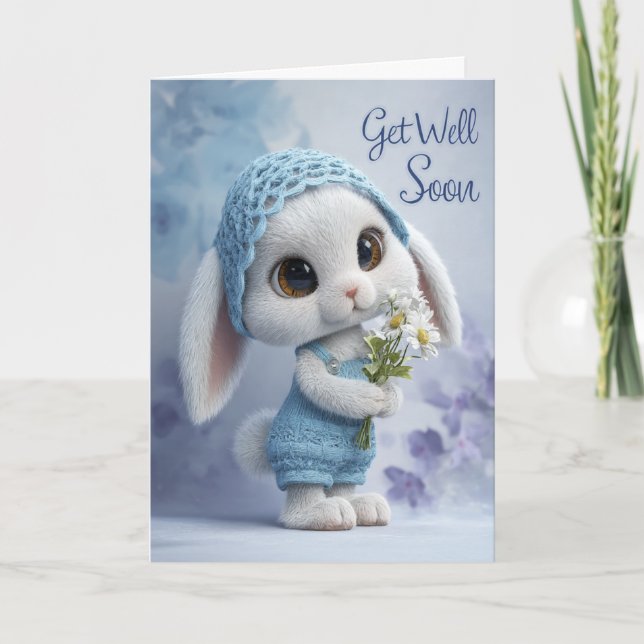 Adorable Get Well Card with Baby Bunny in Blue (Front)