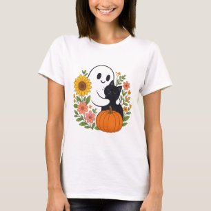 Adorable Ghost and Black Cat Fall Cute Halloween T-Shirt