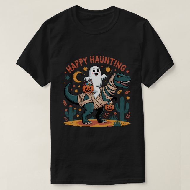Adorable Ghost on Mummy Dinosaur – Funny Halloween T-Shirt (Design Front)