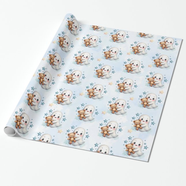 Adorable Ghost & Stars Halloween Theme Baby Shower Wrapping Paper (Unrolled)