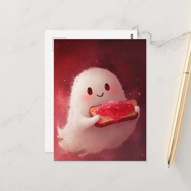 Adorable Ghost With Toast and Jam Postcard (Front/Back In Situ)