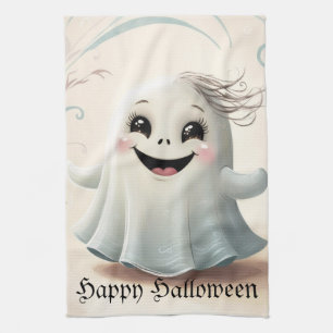 Adorable Ghostly Friend Halloween Design  Tea Towel