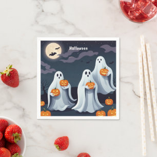 Adorable Ghosts Holding Pumpkins Under a Full Moon Napkin