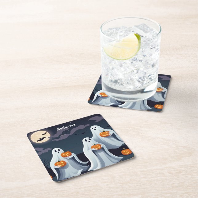 Adorable Ghosts Holding Pumpkins Under a Full Moon Square Paper Coaster (Insitu)