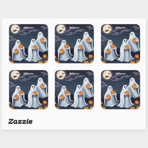Adorable Ghosts Holding Pumpkins Under a Full Moon Square Sticker