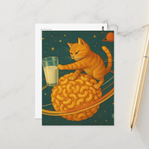 Adorable Ginger Cat Pushing Milk Off Planet Postcard