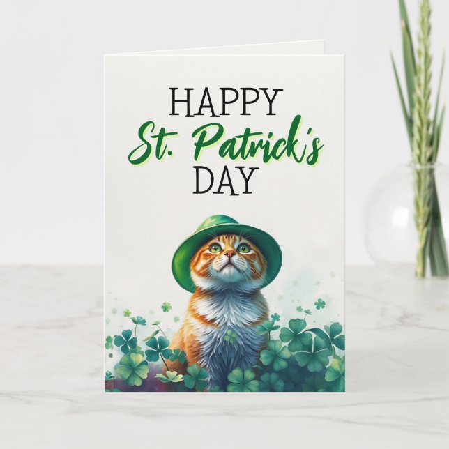 Adorable Ginger Cat & Shamrocks St Patrick's Day Card (Front)