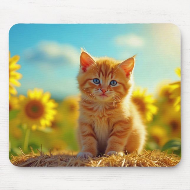 Adorable Ginger Kitten in Field of Sunflowers Mouse Mat (Front)