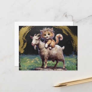 adorable ginger kitten riding a goat postcard