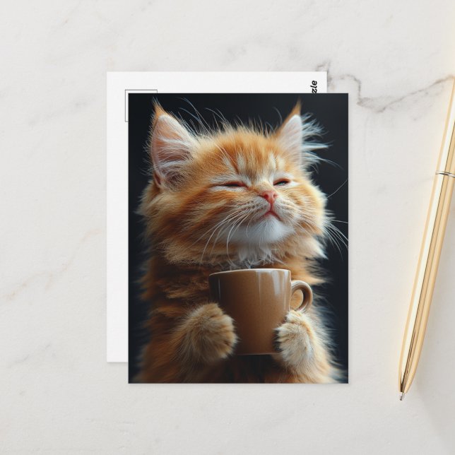 Adorable Ginger Kitten With a Coffee Postcard (Front/Back In Situ)