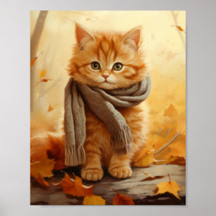 Adorable Ginger Kitten with Scarf - Autumn Poster